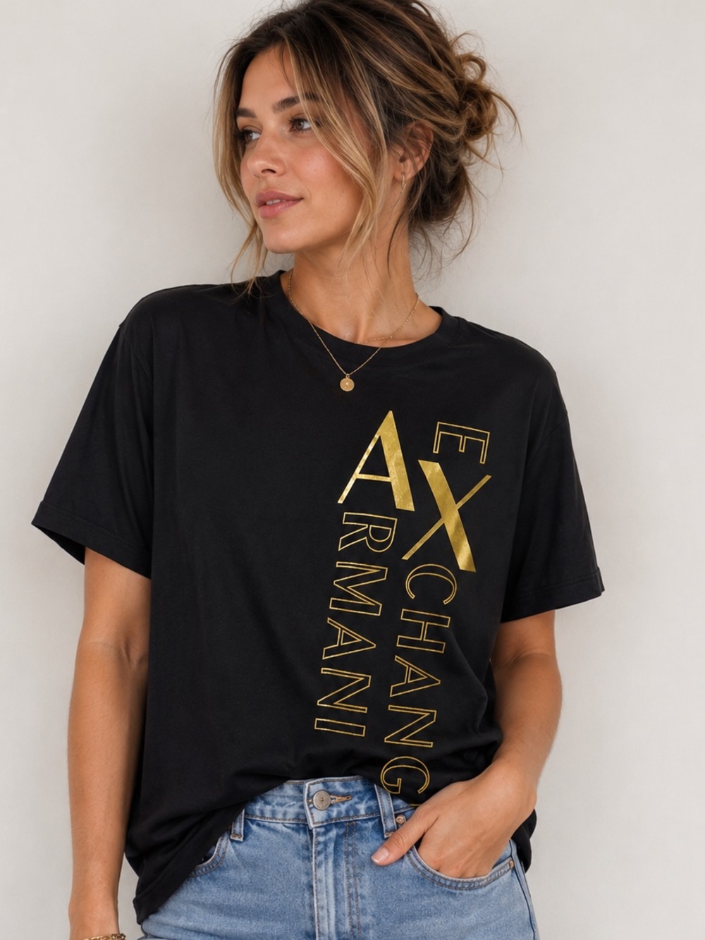 Armani Exchange Black Tee with Vertical Gold AX Logo